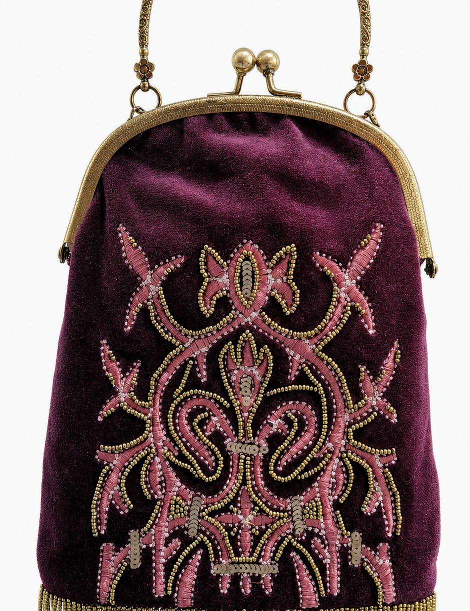 Close to my heart Vintage perle brodert veske Handbag Burgundy